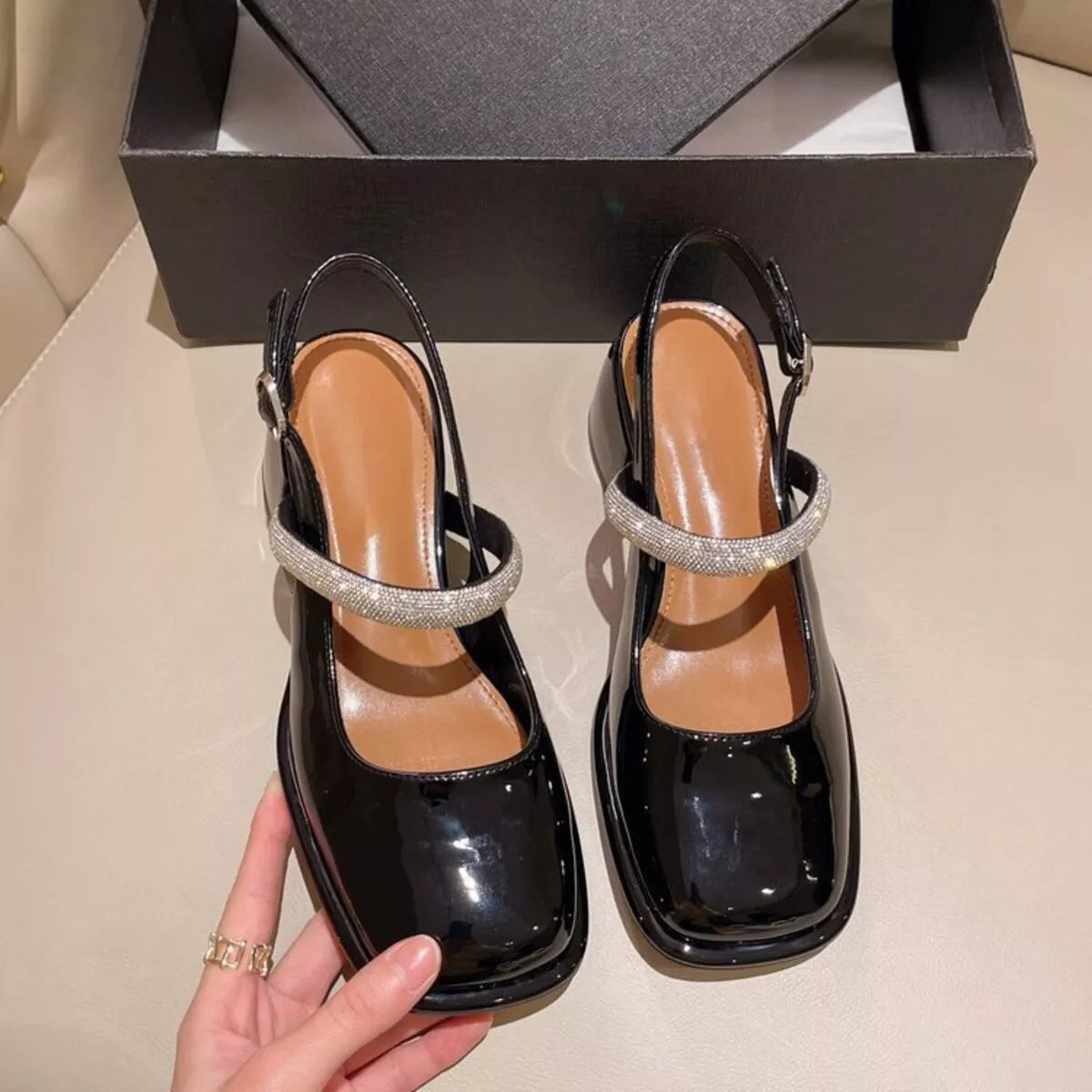 Square Toe Block Heels Mary Jane Sandals