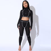 Hugcitar stripe line patchwork zipper crop tops leggings