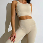 Popular Nude Fabric Sports Tank Top High Waist Pants Double Pocket Yoga Suit Set