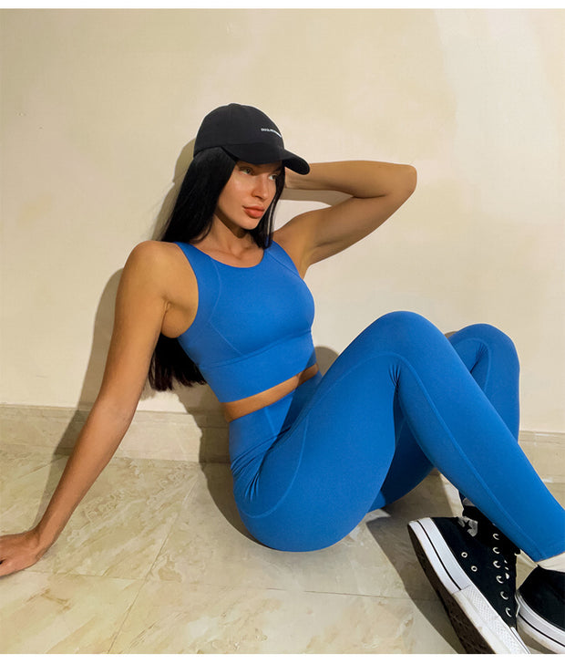 Popular Nude Fabric Sports Tank Top High Waist Pants Double Pocket Yoga Suit Set