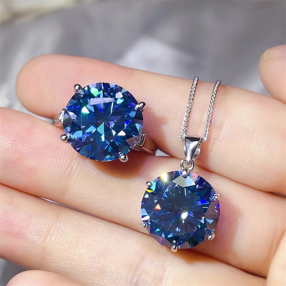 10 Carat Moissanite 925 Sterling Silver Ring and Necklace Set